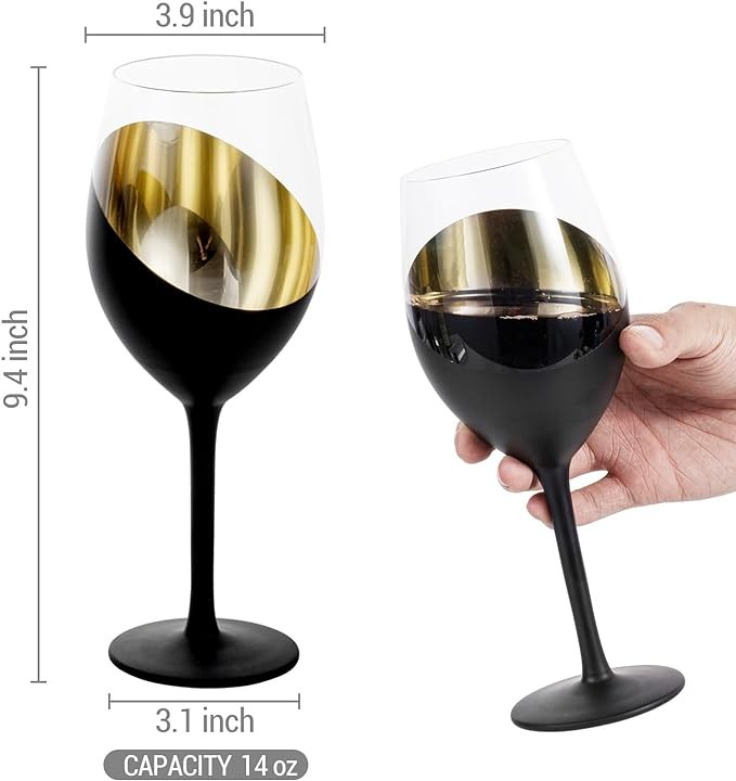 MyGift 14 oz Modern Slanted Matte Black and Gold Tone Stemmed Wine Glasses, Elegant Angled Design with Metallic Interior Accent Glass Stemware, Set of 6