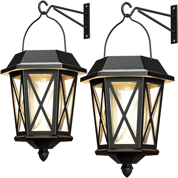 TEKLAPS Solar Lantern Outdoor Hanging Solar Lights, Waterproof Metal Solar Lights Outdoor with Clear Glass, LED Solar Powered Lights Wall Mount for Yard Garden Wall Outdoor, Black - 2 Pack
