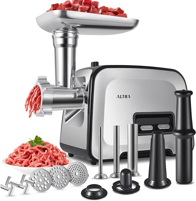 ALTRA Meat Grinder Electric, Sausage Maker with 3 Stainless Steel Sausage Tubes, 2 Blades, 3 Grinding Plates, Plastic Tube & Kubbe Kit, Home Kitchen Use,【2600W Max】【Concealed Storage Box】