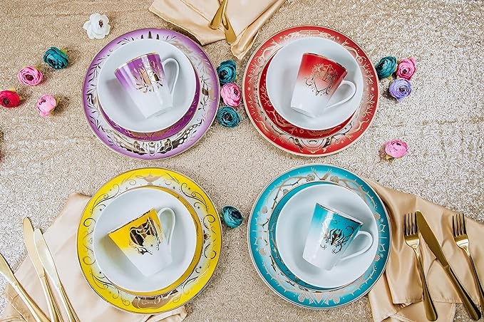 Disney Villains 16-Piece Ceramic Dinnerware Set, Maleficent, Evil Queen, Jafar, Ursula, Multicolor