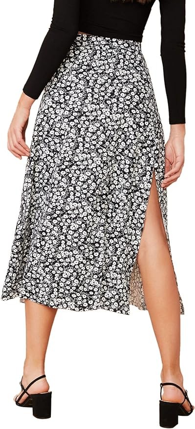 Verdusa Women's Sexy Boho Floral Split Thigh High Waist Swing Midi Skirt