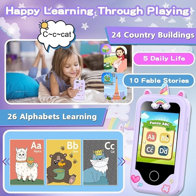 Kids Smart Phone for Girls, Christmas Birthday Gifts for Girls Age 3-10 Kids Toys Cell Phone, 2.8" Touchscreen Toddler Learning Play Toy Phone with Dual Camera, Game, Music Player, 8G SD Card (Purple)