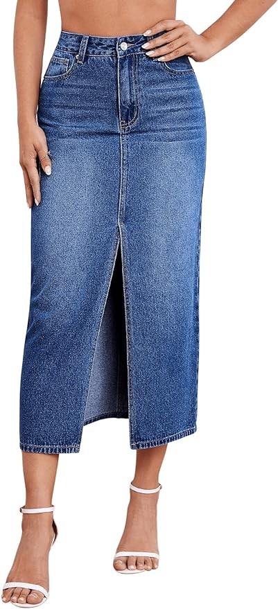 SweatyRocks Women's Casual Denim Skirt High Waist Split Front Long Jean Skirts