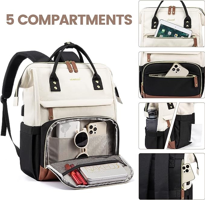 LOVEVOOK Laptop Backpack for Women, 15.6 Inch Work Business Backpacks Purse with USB Port, Large Capacity Educators Nurse Bag Backbag, Waterproof Casual Daypack for Travel,Black-White-Brown