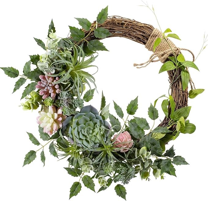 WANNA-CUL 16 inch Boho Spring Succulent Wreath Arrangement Decor for Front Door,Artificial Multicolor Succulent Summer Door Wreath with Greenery Air Pineapple for Wall and Home Decoration Visit the WA