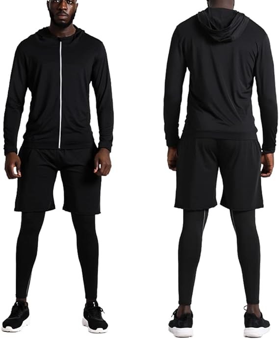 BUYJYA 5Pcs Men's Compression Pants Shirt Top Long Sleeve Jacket Athletic Sets Gym Clothing Mens Workout Valentine's Day gift