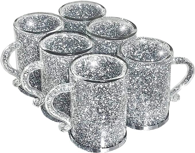 Lmaray Silver Crystal Glass Coffee Mug Set of 6, Mug Cup Sets Coffee Cup Cappuccino Cup Juice Cup, 6.7oz, Filled with Sparkly Crystal Crushed Diamonds, Bling Kitchen Table Top for Mug Rack