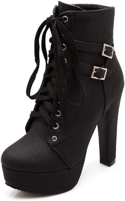 Susanny High Heel Boots for Women,Womens Platform Boot Heels Sexy Round Toe Lace UP High Heels Mid Calf Boots