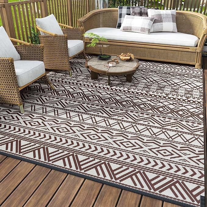 MontVoo-Outdoor Rug Carpet Waterproof 5x8 ft Reversible Patio Rug RV Camping Rug-Plastic Straw Rug Outside Indoor Outdoor Area Rug for Patio Deck Balcony Picnic Beach Outdoor Decor Boho Beige Brown