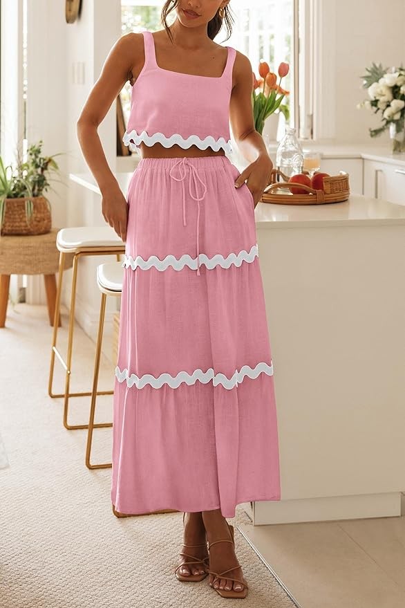 Pretty Garden Womens 2 Piece Summer Casual Sleeveless Cropped Tank Top High Waisted Maxi Skirt Set