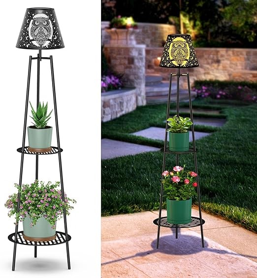 HDUAN IDT Owl Motif Metal Solar Lights Outdoor with Plant Stands 45.5'' Solar Powered Street Lights Solar Floor Lamp Tripod Deck Lights for Garden Yard Pathway Driveway Porch