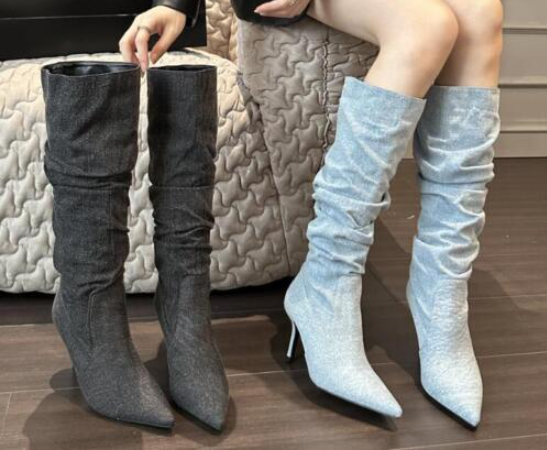Womens Fashion Pointy Toe Slouchy Denim Knee Boots Sexy Kitten Mid Heels Shoes