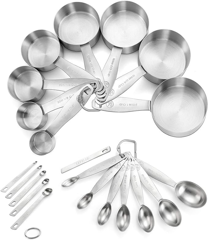 Measuring Cups and Spoons Set of 21 Piece in 18/8 Stainless Steel, Heavy Duty 8 Measuring Cups, 7 Measuring Spoons, 1 Leveler & 5 Mini Measuring Spoons Ideal for Dry and Liquid Ingredients